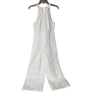 Maison Jules 6 White Eyelet Sleeveless Jumpsuit Halter Neck Cropped Wide Leg